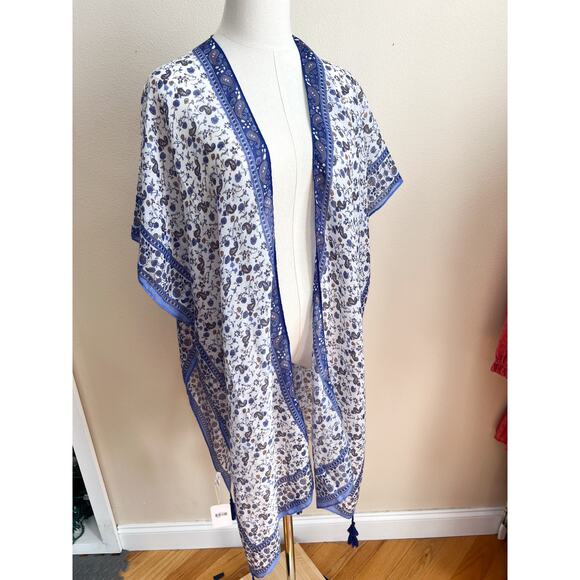 NEW Women's Boho Tassel Blue Paisley Kimono Cardigan OS Lightweight Beachy - Picture 2 of 7